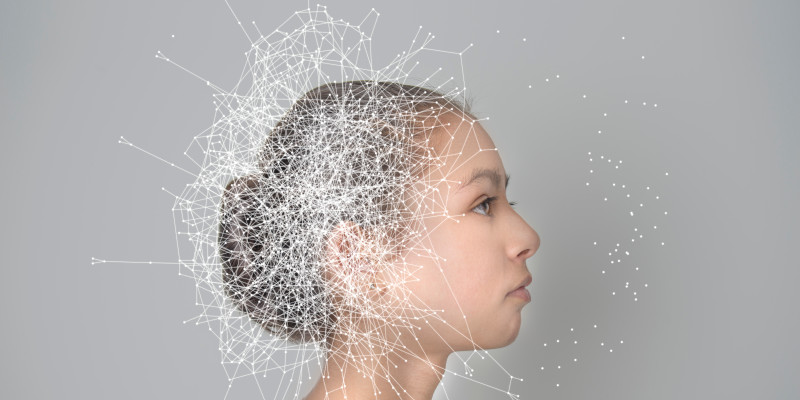 Image depicts a woman facing forward and includes an illustration representing AI and technology.