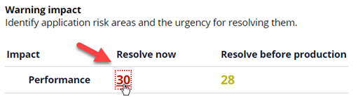 Summary of performance risk areas for an application.