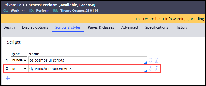 The harness scripts and styles tab containing a custom javascript file