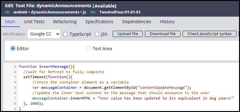 The script used to populate the container element with new contents