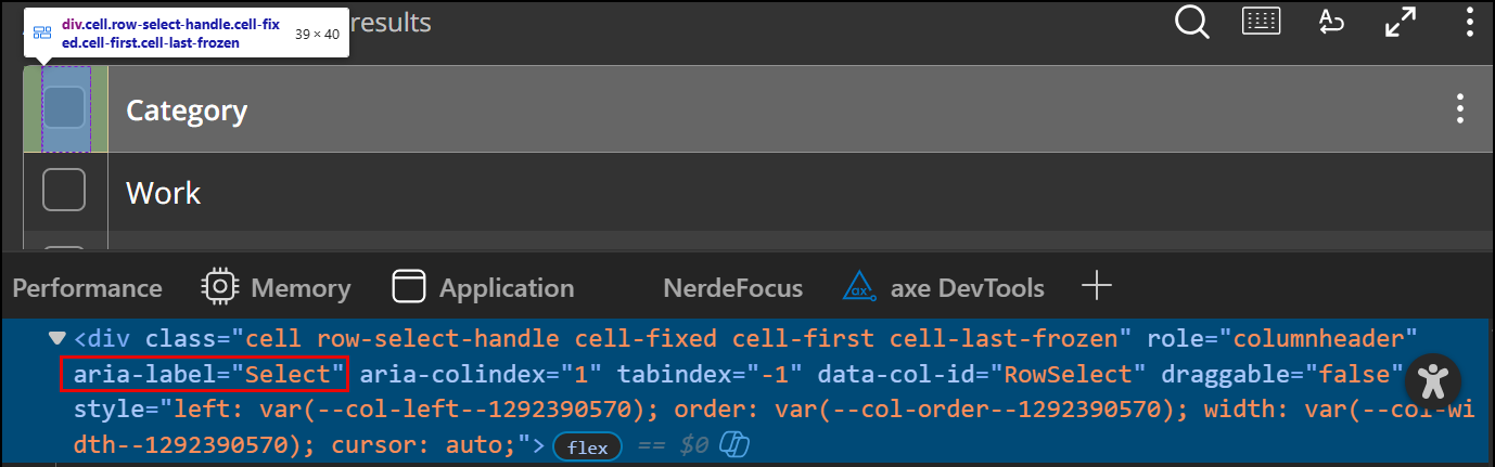 The aria-label value of the column header containing checkboxes is "select"