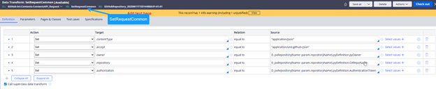 Image 12: Data transform showing how to fetch repository details to map in the Request header/payload.