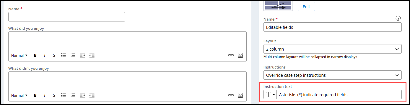 Configuring instructions on an assigment view in app studio