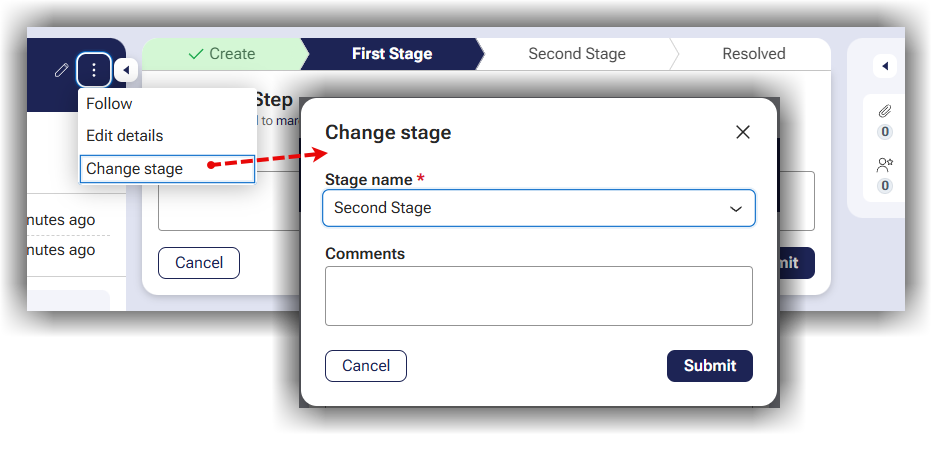 If movement between stages is required, the supported mechanism is the Change stage action available from the case Actions menu.
