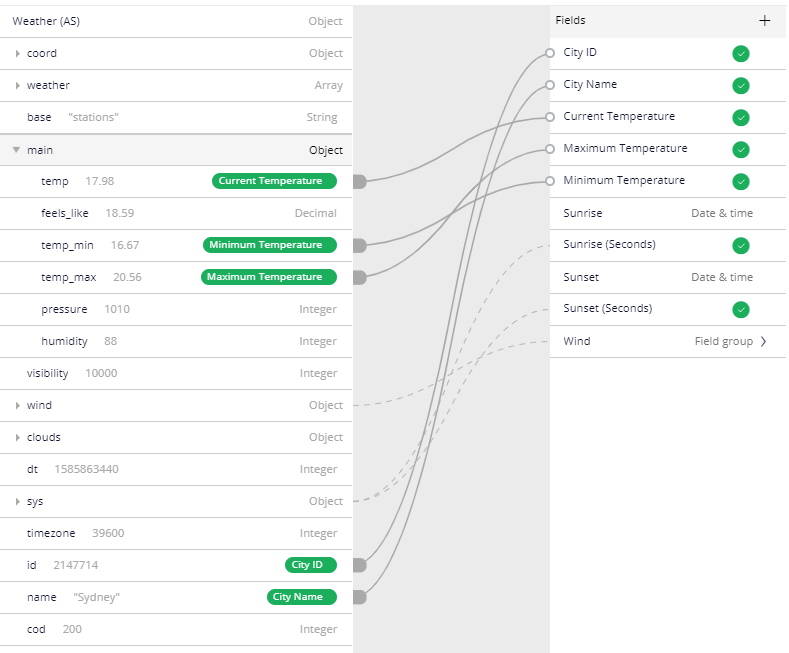 Visual mapping between the JSON integration message and the Application Data Object ... in App Studio