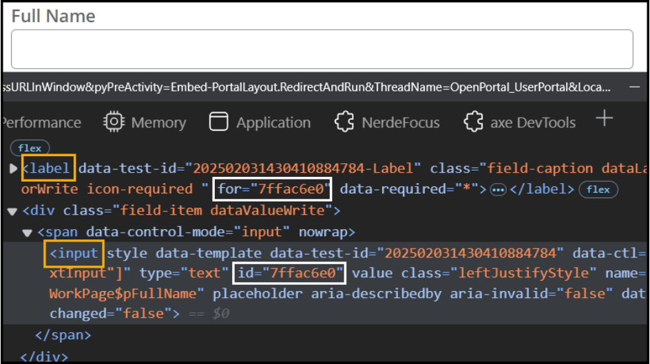 A text input field with visible label has it's respective markup shown in dev tools, showing the relationship between label and field via the ID
