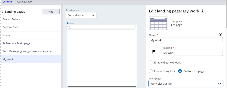 Configure your Landing Page's List View to this Data Page