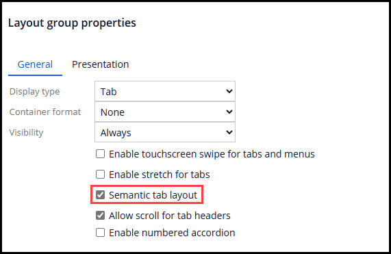 The configuration screen of a layout group with the "Semantic tab layout" configuration option selected