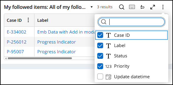 A listbox showing columns bring displayed in a grid in Constellation, most are selected.