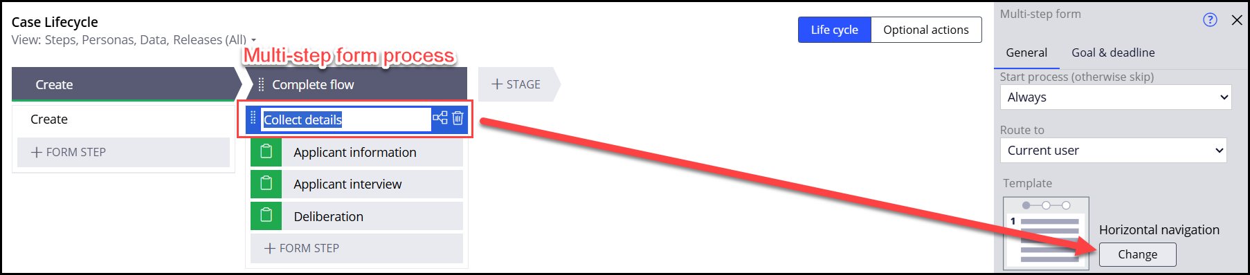 The configuration panel of a multistep form in a case lifecycle view in app studio