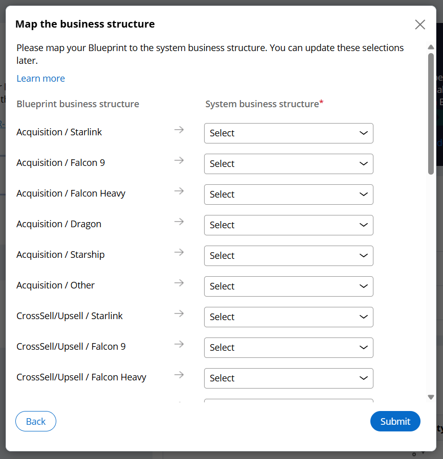 Disabled groups also show in the Map business structure step