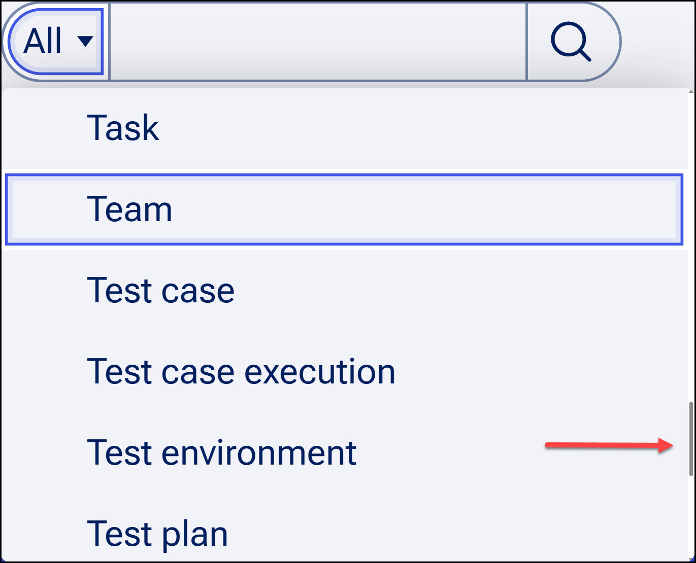 A menu containing a scroll bar due to number of items within