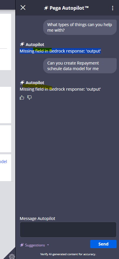 Missing field in Bedrock response: 'output' PEGA AUTOPILOT Image in App Studio