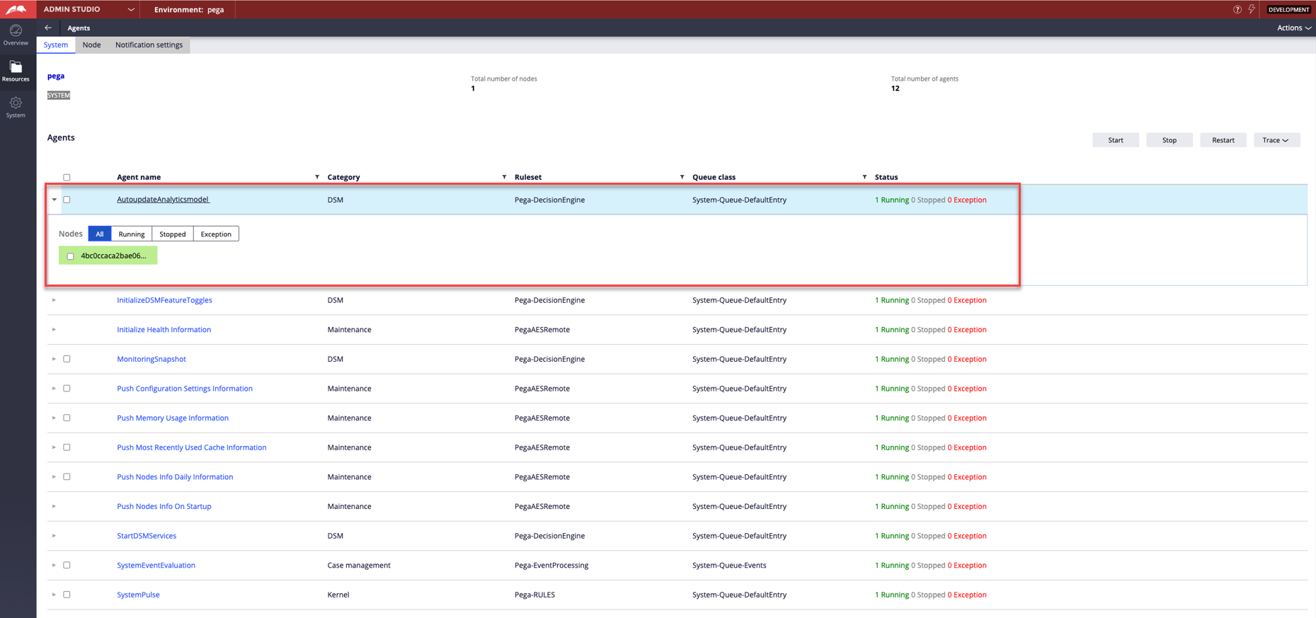 client-managed VM environment agent page with node-specific data