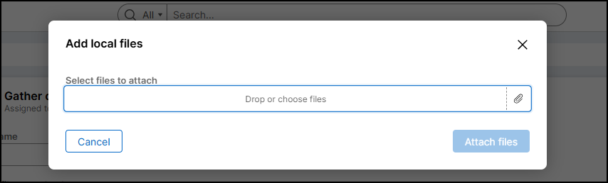 The Add local files dialog displays a button to select files from the device, with the "attach files" button in a disabled state currently.