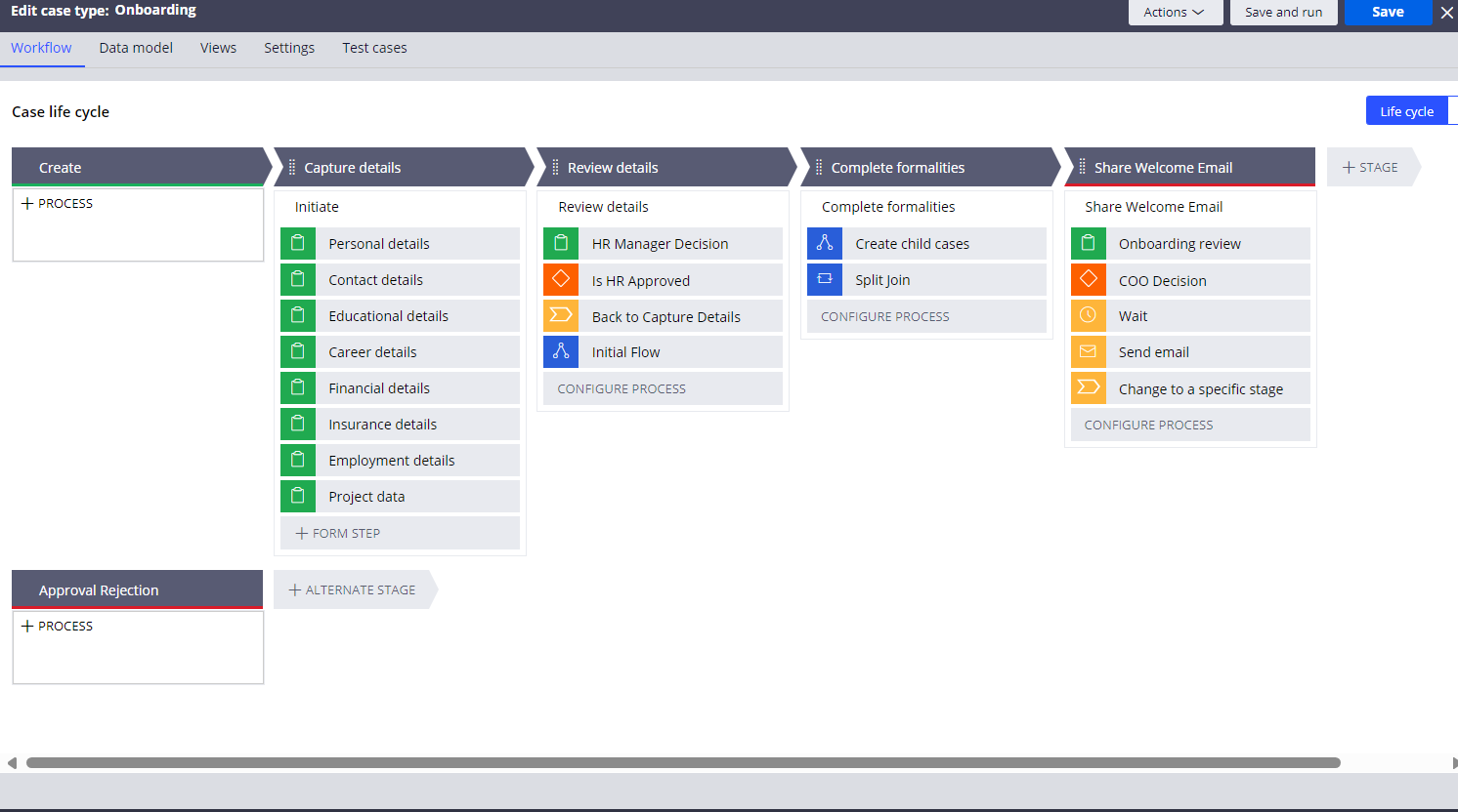 Onboarding case type workflow stages and steps