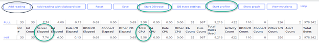 Results of tracer and performance diagnostics highlighting elapsed server time and total CPU.