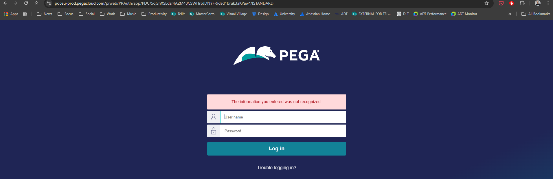 Error message for login on PDC