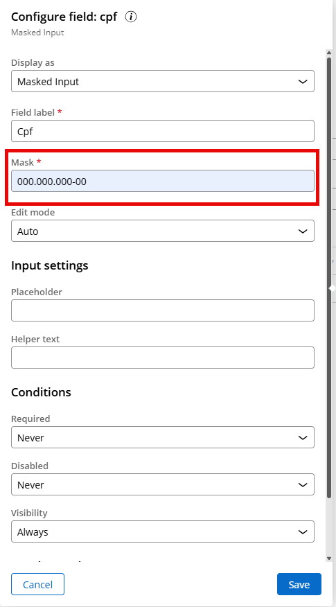 App Studio configure view screen with the Mask field filled with the CPF format 000.000.000-00