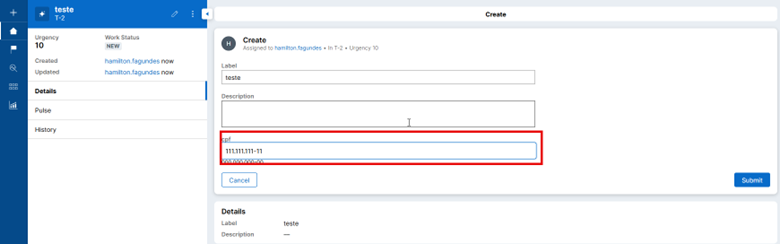 Case type input field filled with the CPF value already with a mask applied
