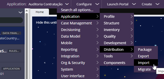 Pega Dev Studio screen showing cascading menus. Configure, Application, Distribution, Import