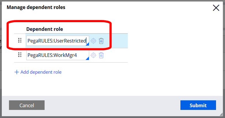  change the first role to the PegaRULES:UserRestricted role
