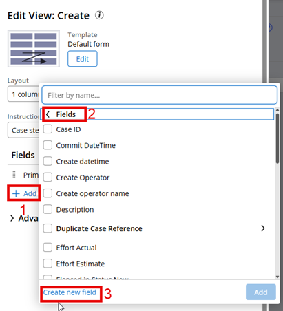 Configuration screen showing the link "Add" highlighted with the number "1", "Fields" highlighted with the number "2", and the link "Create new field" highlighted with the number "3"