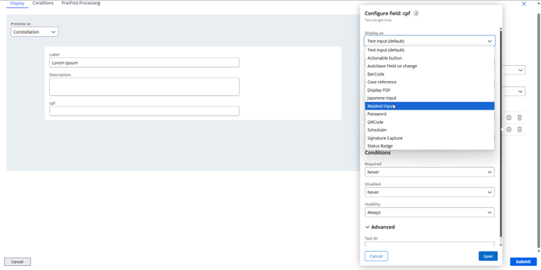 App Studio configure view screen with a dropdown menu open and the option MaskedInput highlighted to be selected