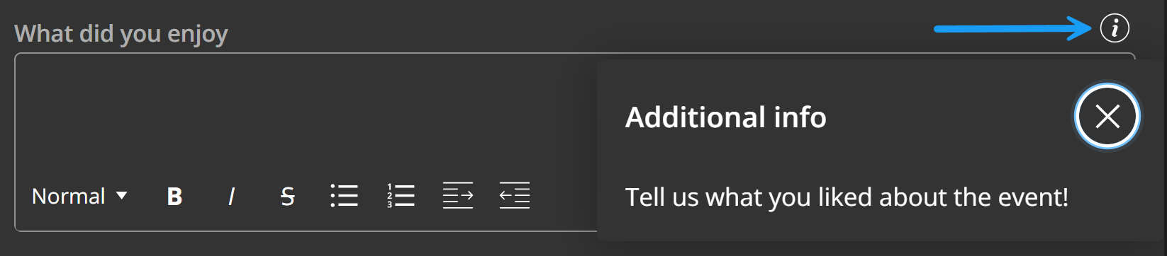 A help icon displaying an informational overlay is present next to the label of an RTE field