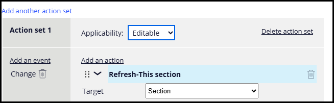 A refresh section action is configured in the action set of a control in Pega