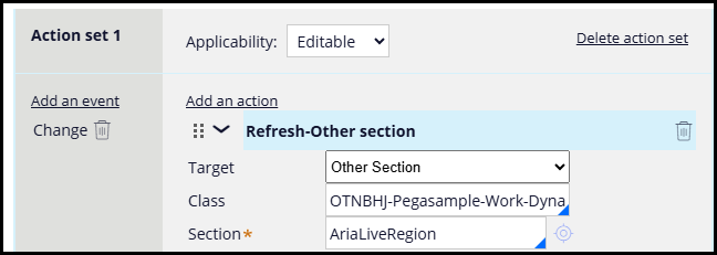 A refresh other section action configured on a form control in a section rule