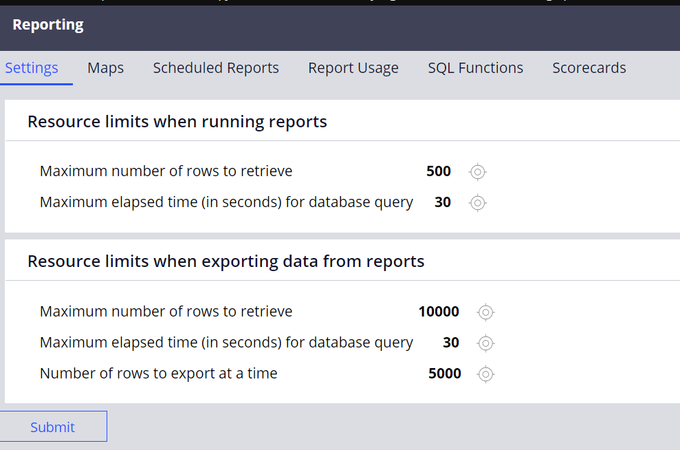 Configure==>Reporting==>Setting