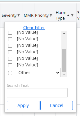 Filter contains dropdown