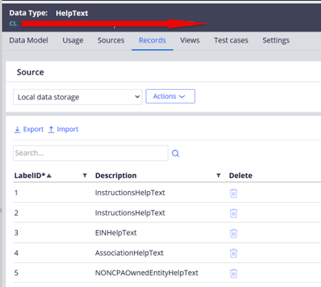 Data type search screen