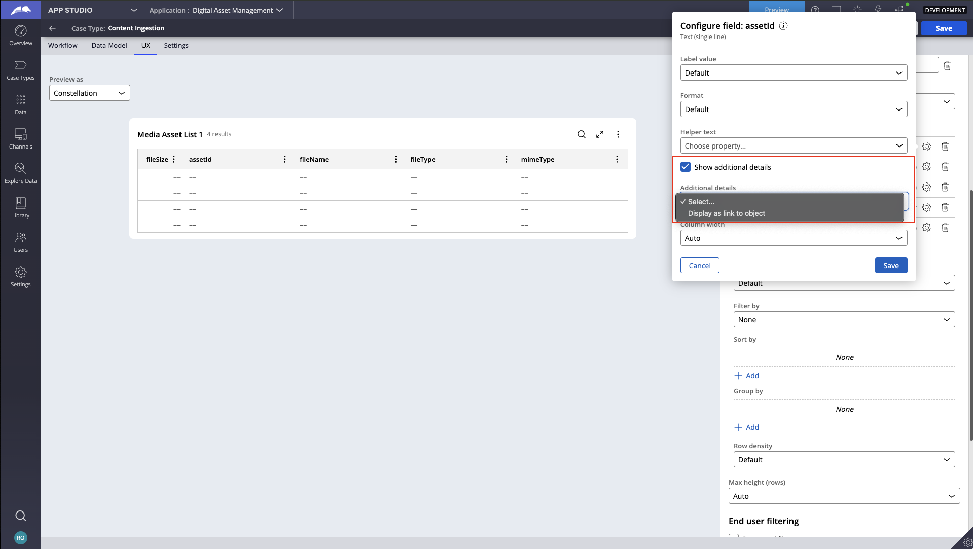 Figure 7 : Set up a field to show additional details and display link as an object to show preview panel or object in a new browser tab.