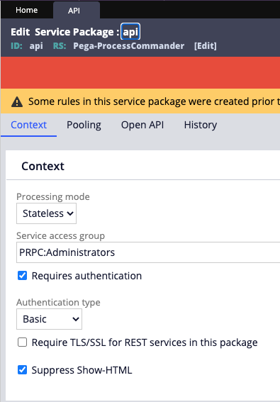 "api" Service Package authentication settings