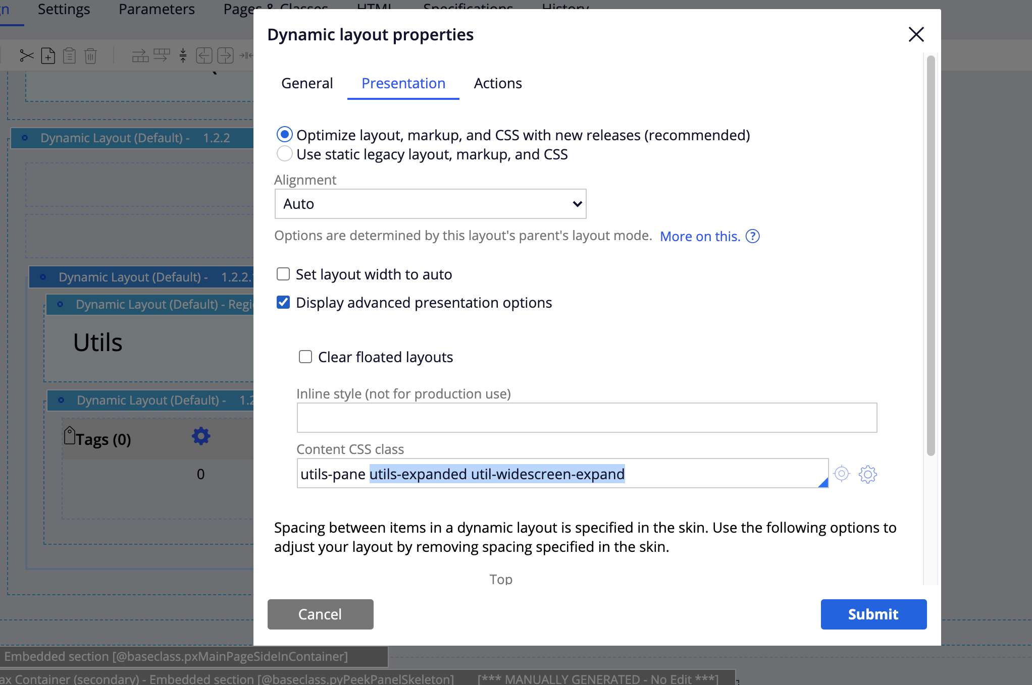 Presentation tab , find the util-widescreen-expand helper class