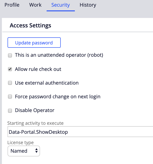 Security tab in the Operator's record