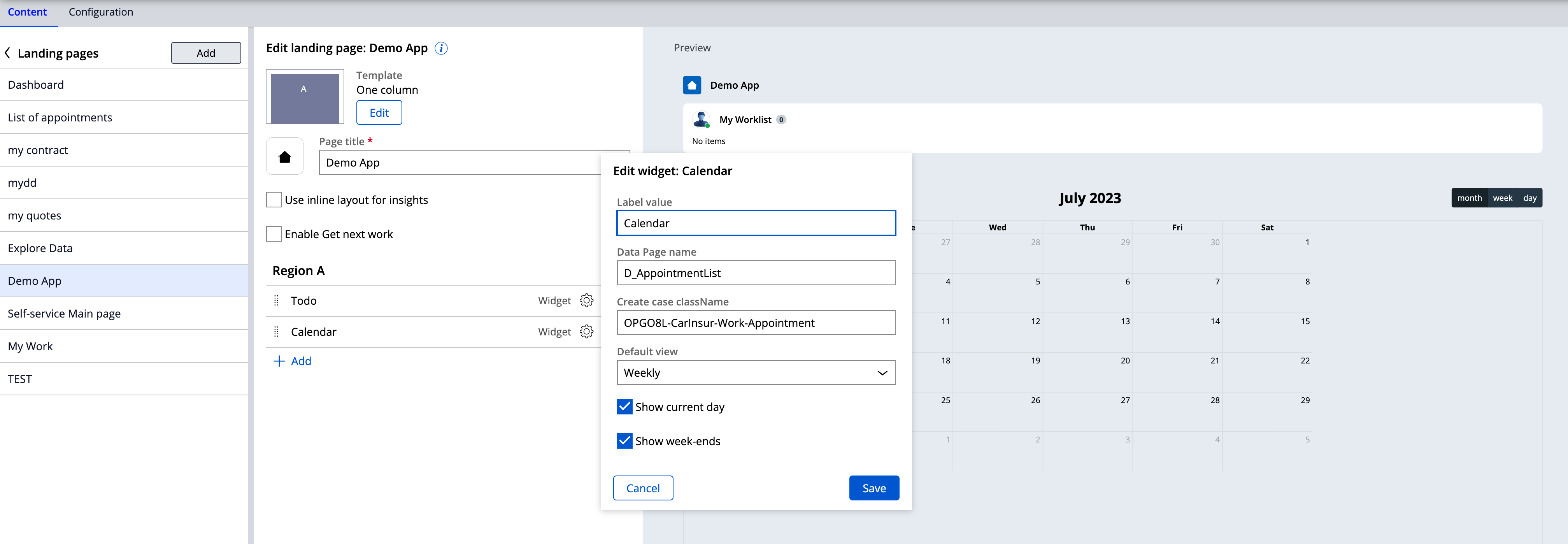 configuration of the widget