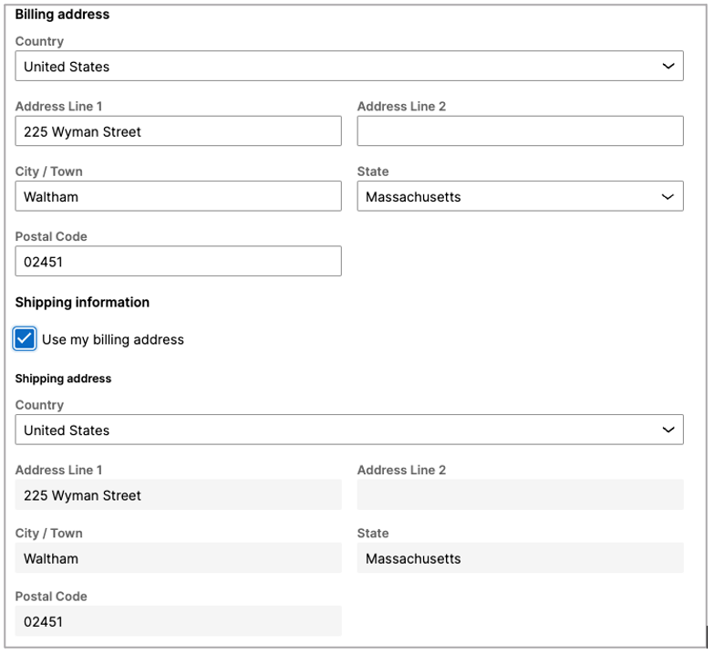 Form with billing address and shipping address