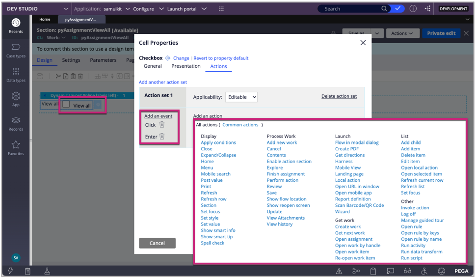 Adding action sets to a UI control in with Dev Studio