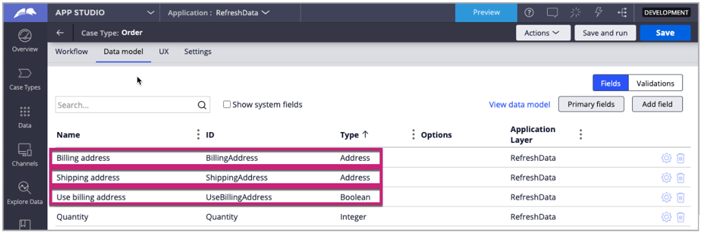 Properties in the data model of case