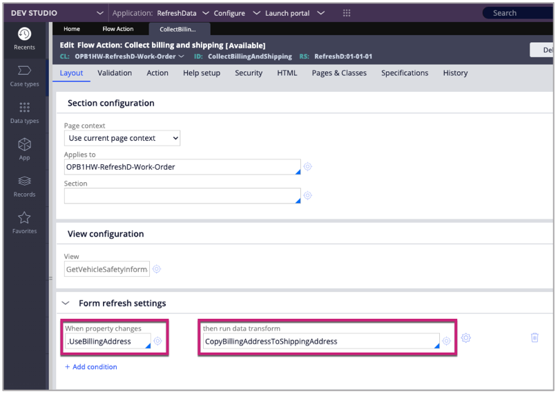 Form refresh settings on the flow action rule