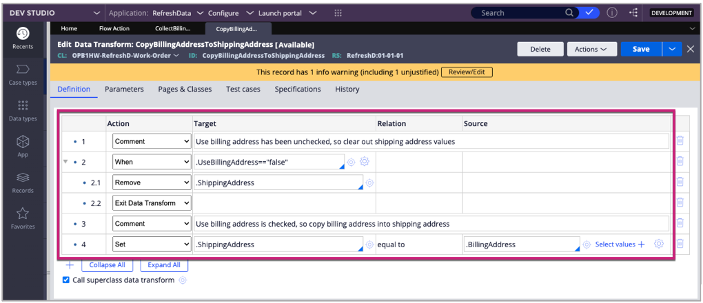 Data transform rule that copies the billing address to the shipping address