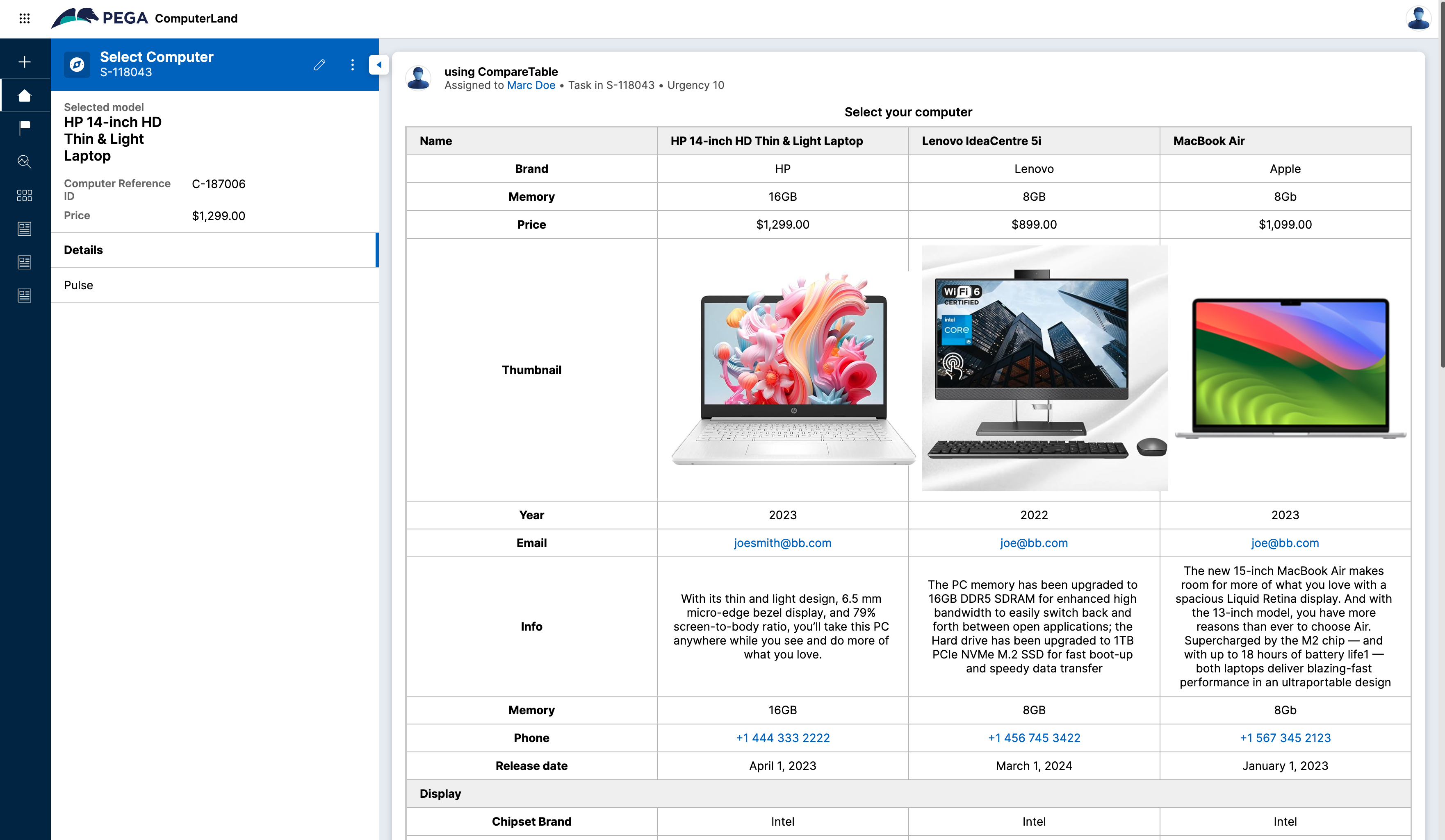 example of compare UI