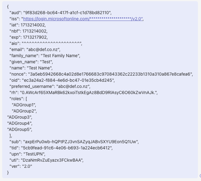 Sample of ID token received from IDP