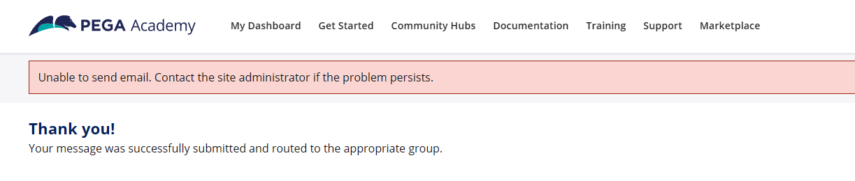 Screenshot Pega Academy support fails