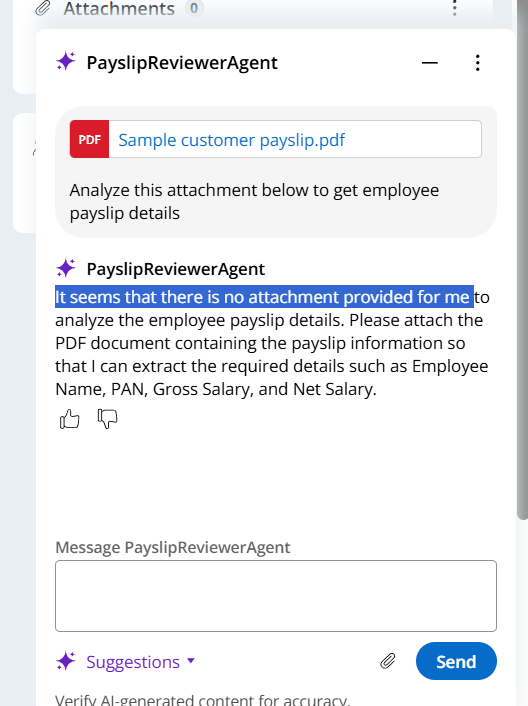Agent not recognizing attached PDF despite the attachment present in the agentic chat window