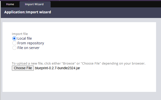 screen shot showing attempt to import the blueprint import module jar file
