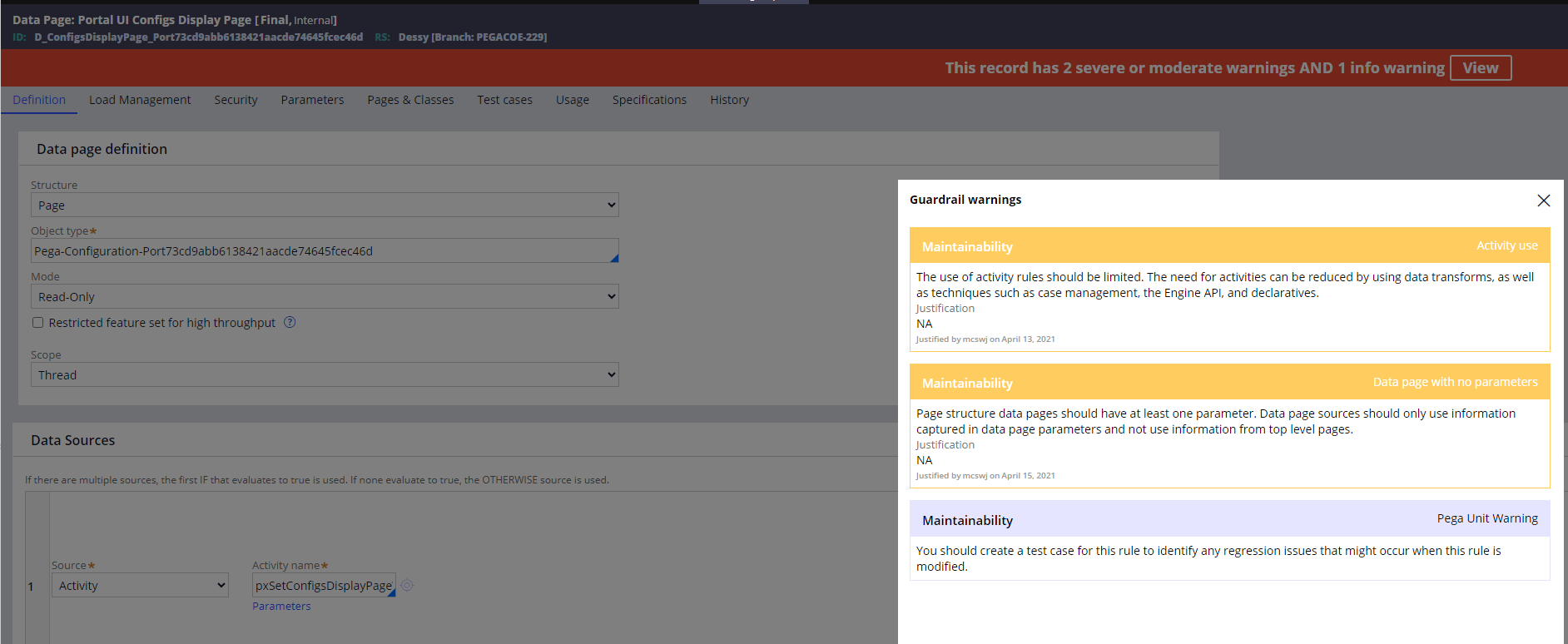 Configuration data page